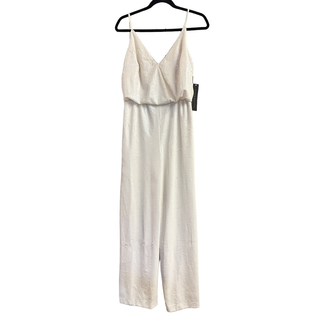 Aidan Mattox‎ BHLDN Ivory Sequin Silk Spaghetti Strap Jumpsuit Wide Leg US 4 NEW